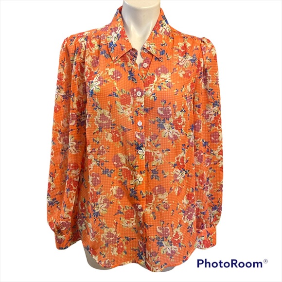 ModCloth sheer Orange floral button up Long sleeved blouse - Picture 1 of 8